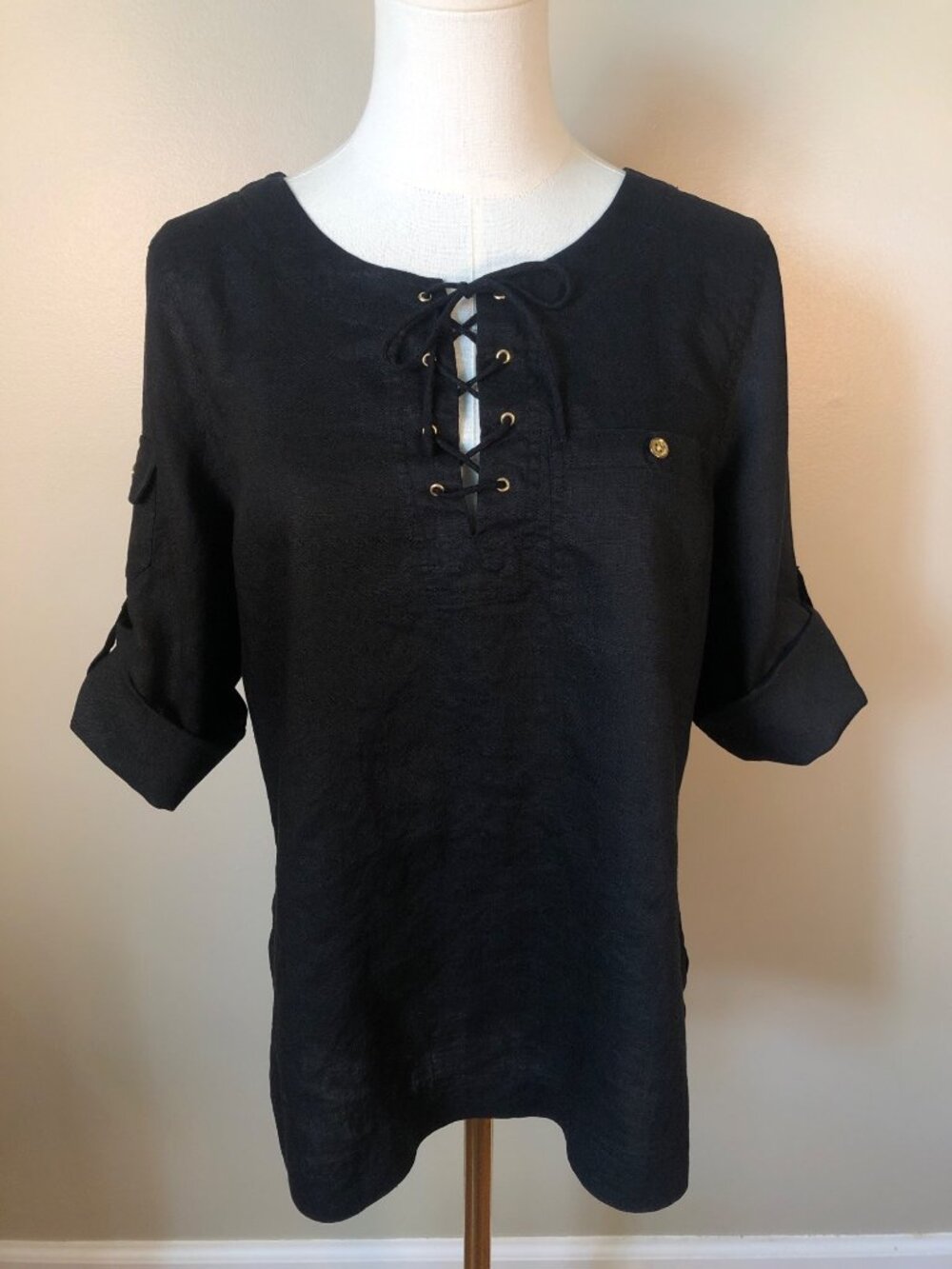 Lauren Ralph Lauren 100% Linen Black Pullover Lace Up Top Minimalist Luxury Sz M